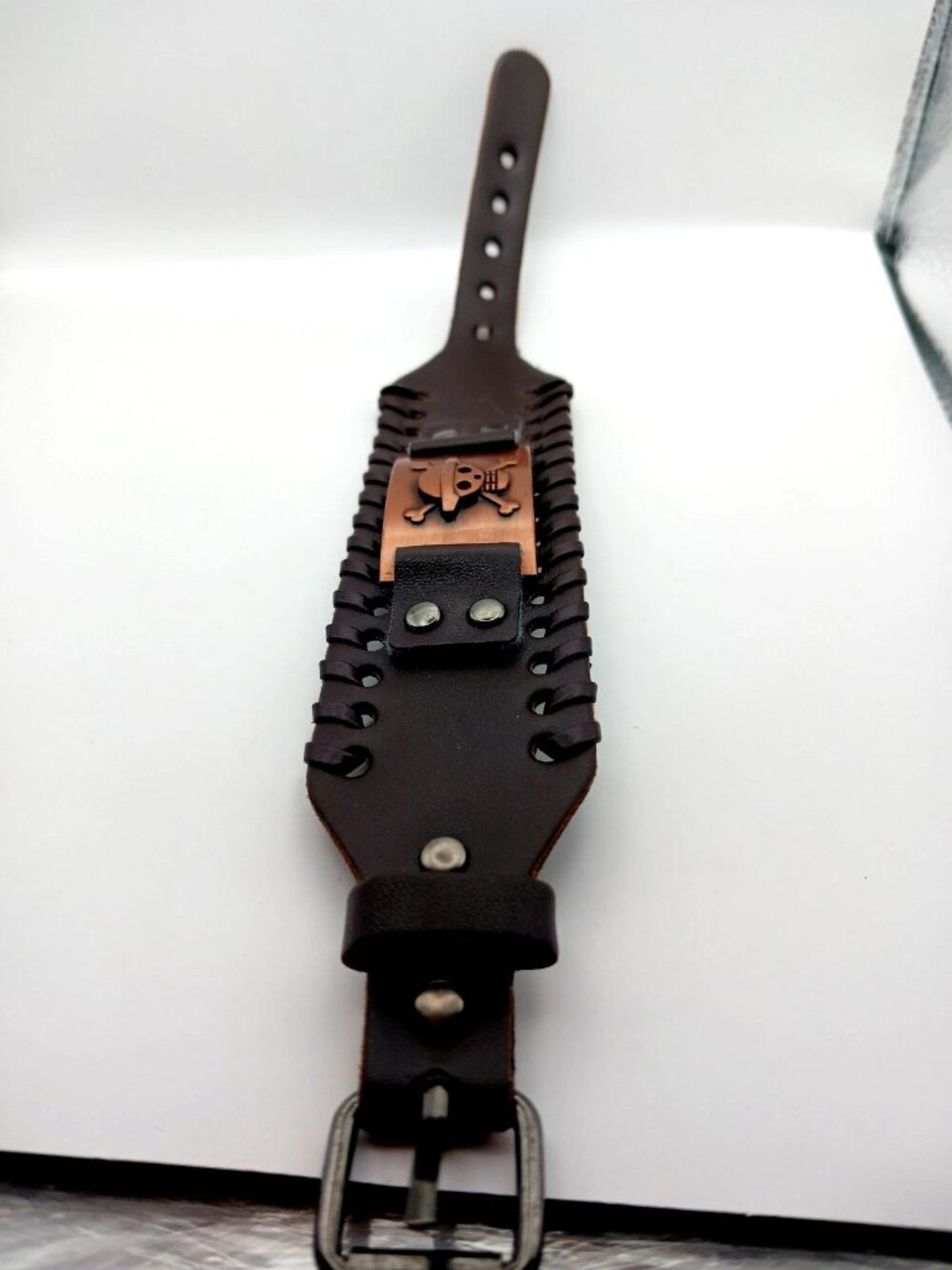 Skull + Crossbones Brown Vegan Braided Leather Bracelet Unisex